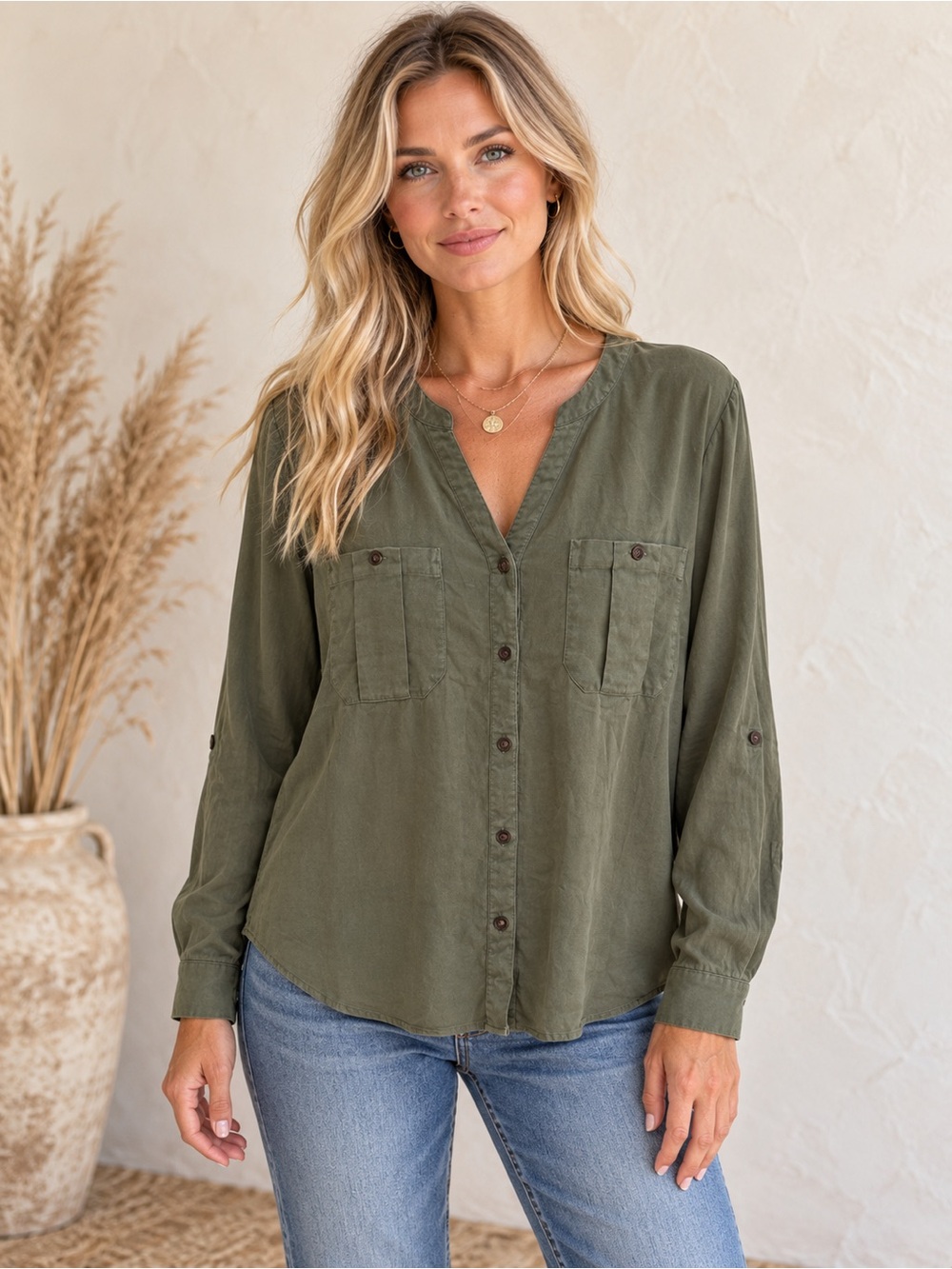J. Jill Olive Green Button-Front V-Neck Shirt